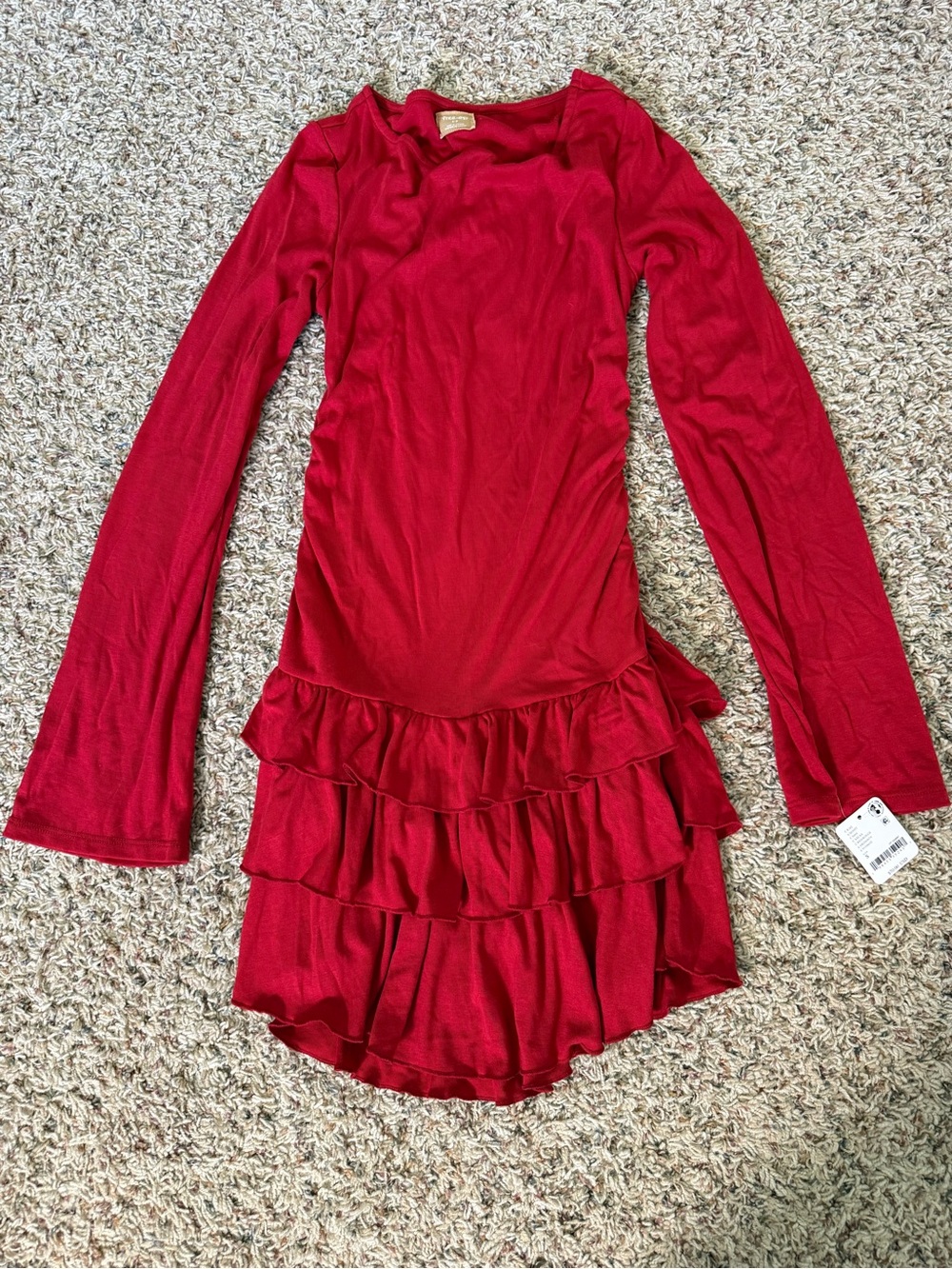 Free people sz XS red Good Feels Ruffle Long-Sleeve Mini Dress